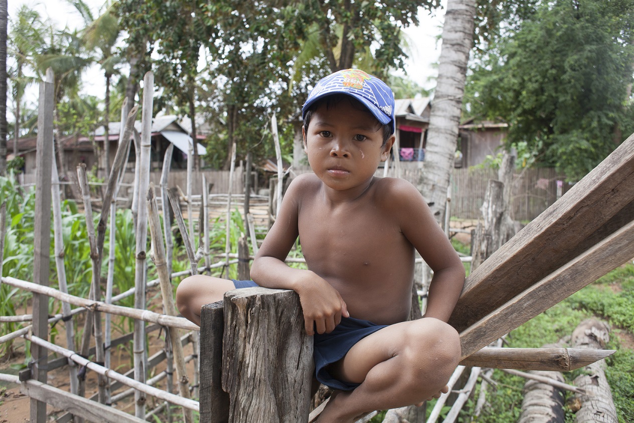 Boy sits on fence protecting families vegetables in Cambodia - Photograph from Chris Gleisner